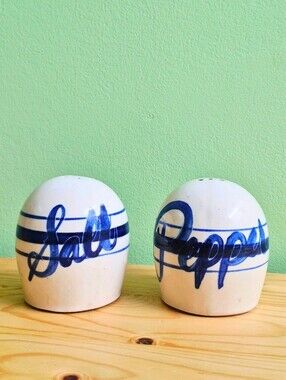 Vintage Handpainted Stoneware Salt and Pepper Shakers With Blue Band